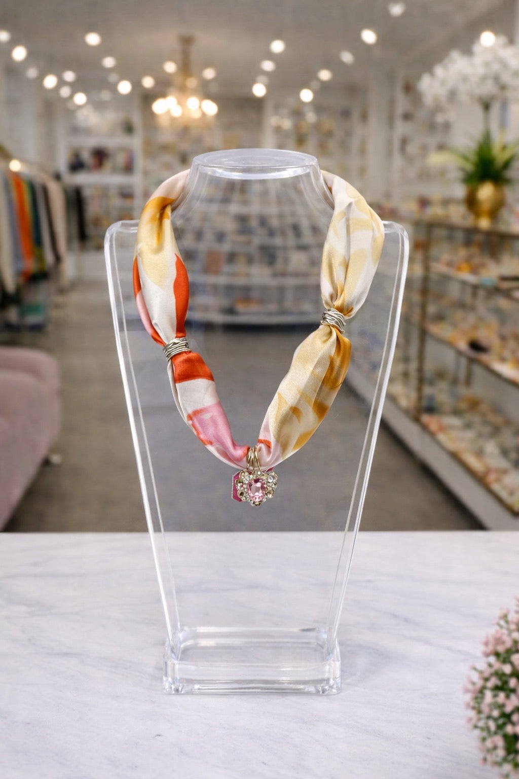 Pink, Orange, and Yellow Twilly with Pink Pendant Necklace