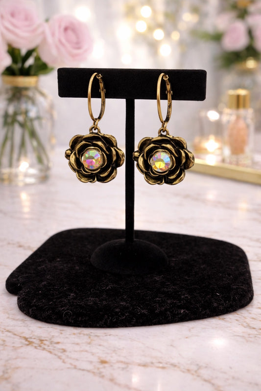 Gold Flower AB Stone Earrings
