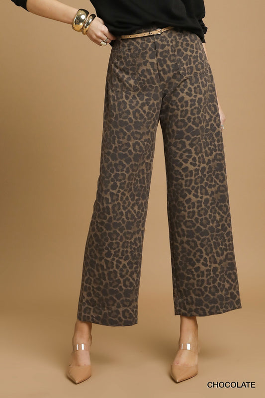 Hazel Animal Print Non- Stretch Wide Leg Pants Chocolate