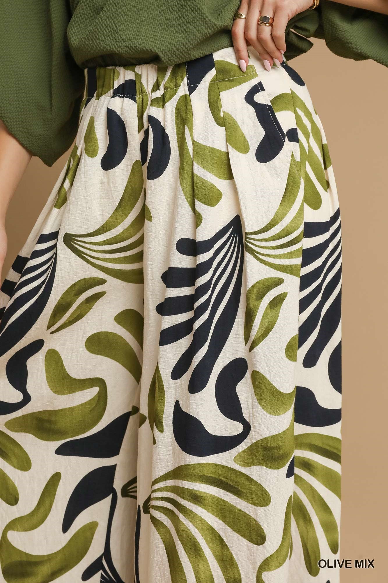 Mix Tropical Leaf Print Wide Leg Pants Olive Mix