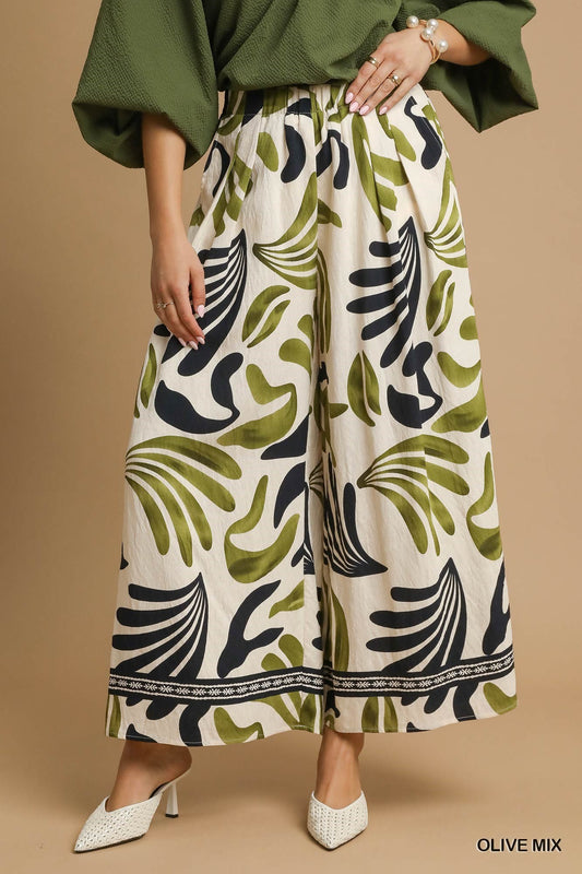 Mix Tropical Leaf Print Wide Leg Pants Olive Mix