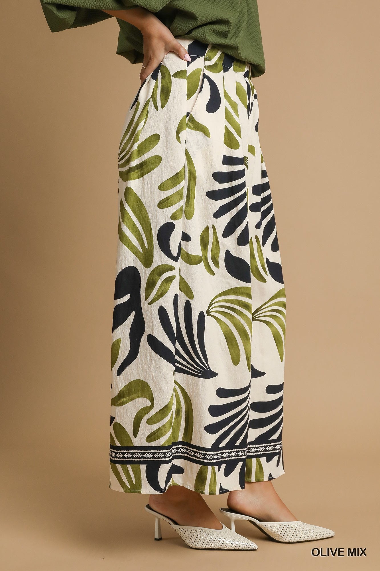 Mix Tropical Leaf Print Wide Leg Pants Olive Mix