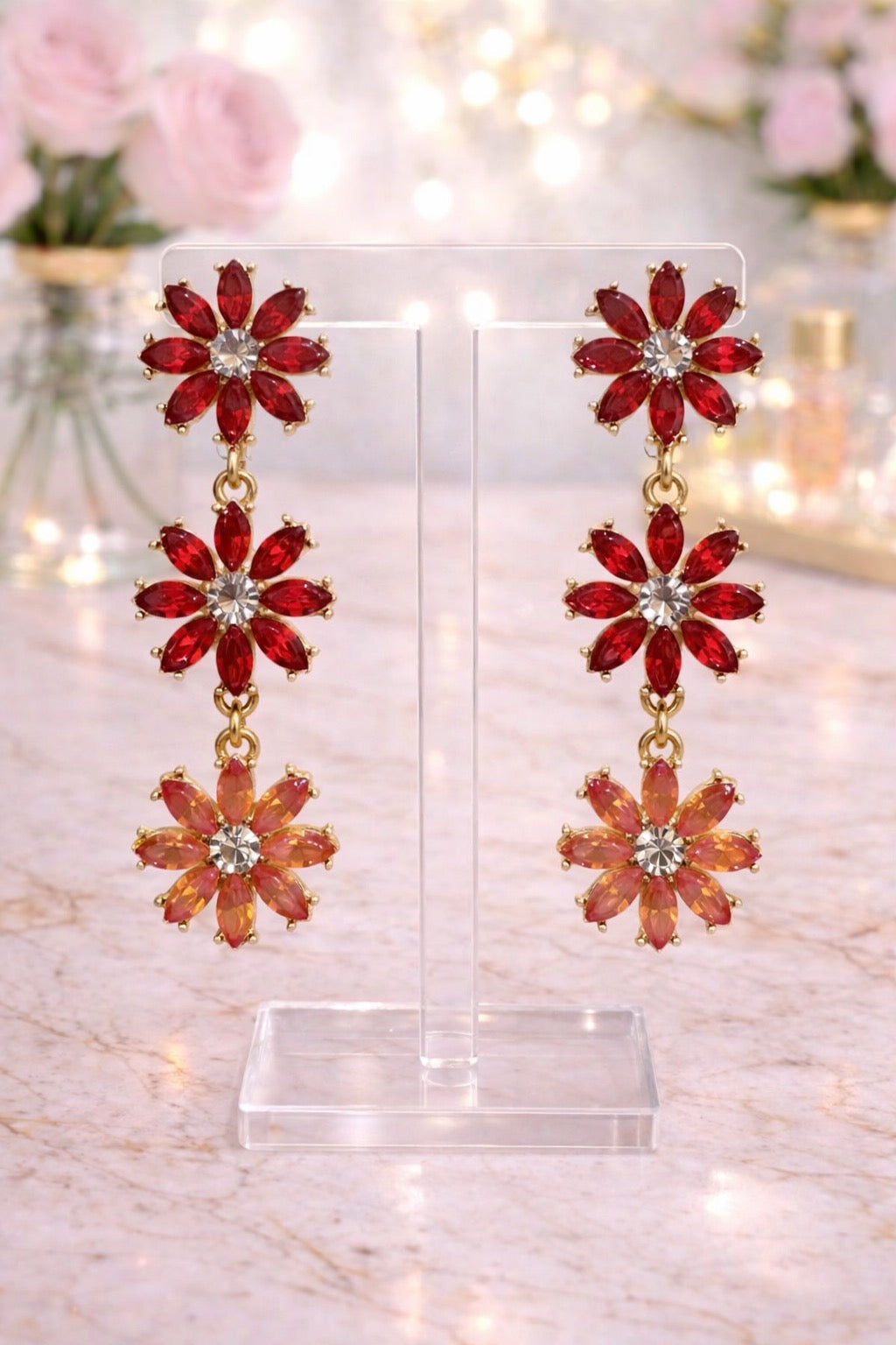 Red and Orange Triple Flower Earrings