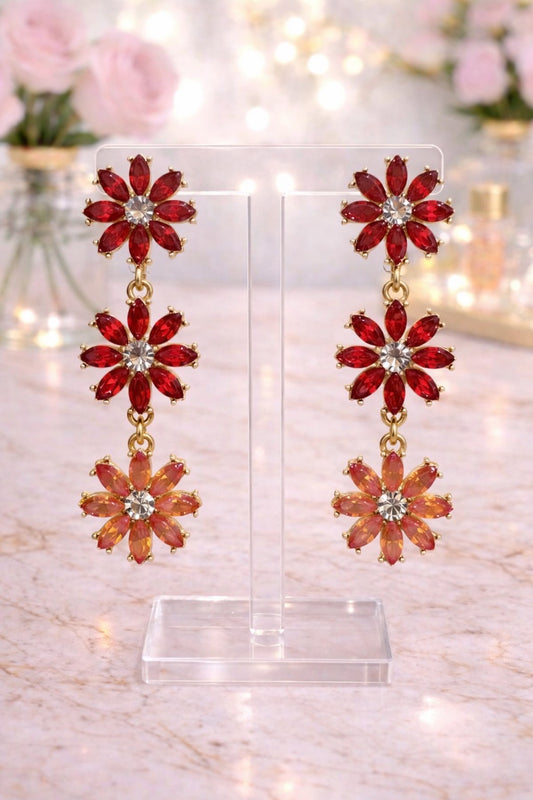 Red and Orange Triple Flower Earrings