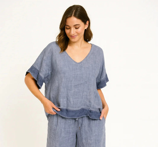 Piera Linen/Rayon Ruffle Top Denim
