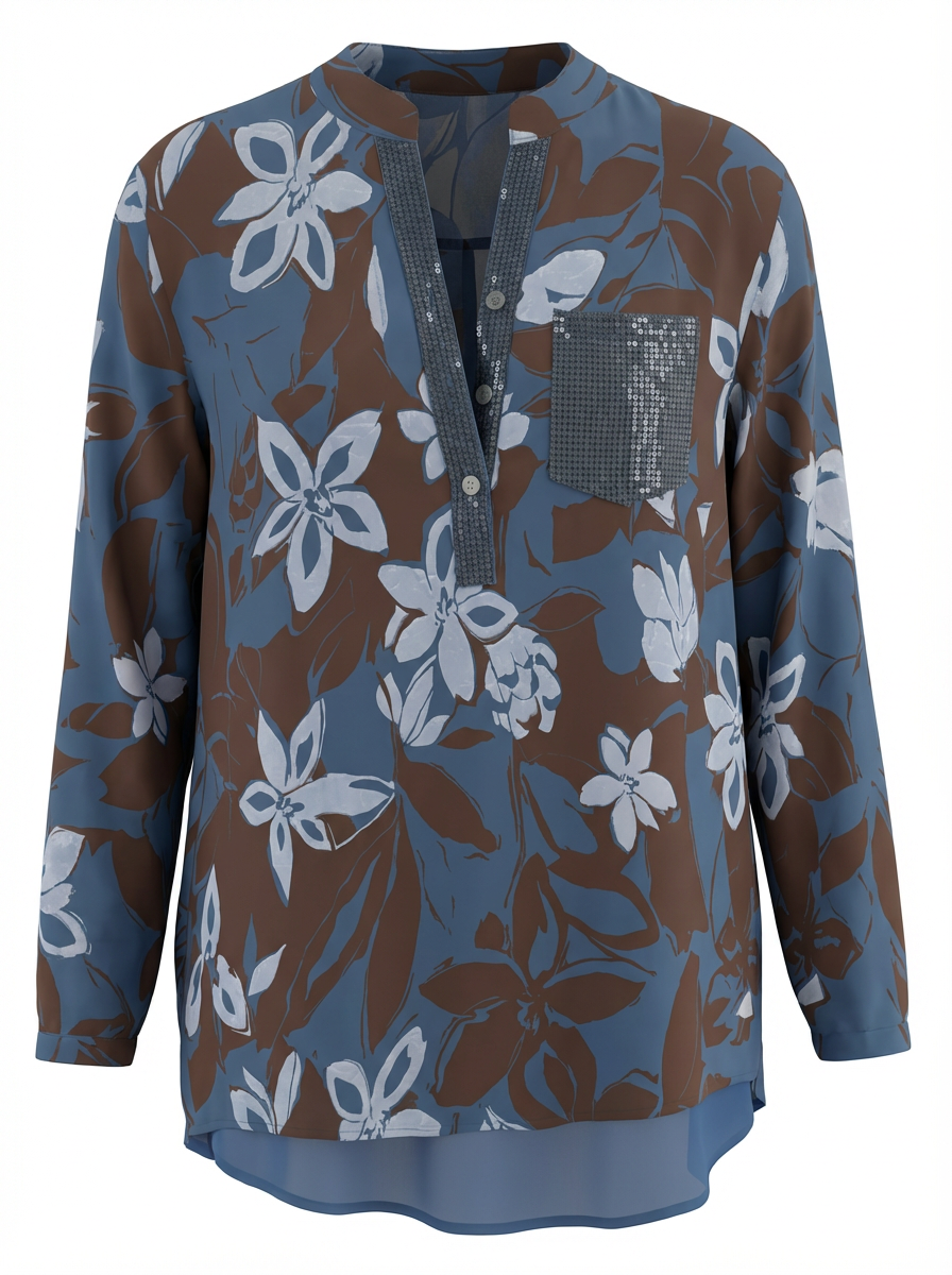 Paloma Printed One Pocket Sequin Top Blue & Brown Floral