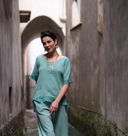 Piera Linen/Rayon Ruffle Top Green