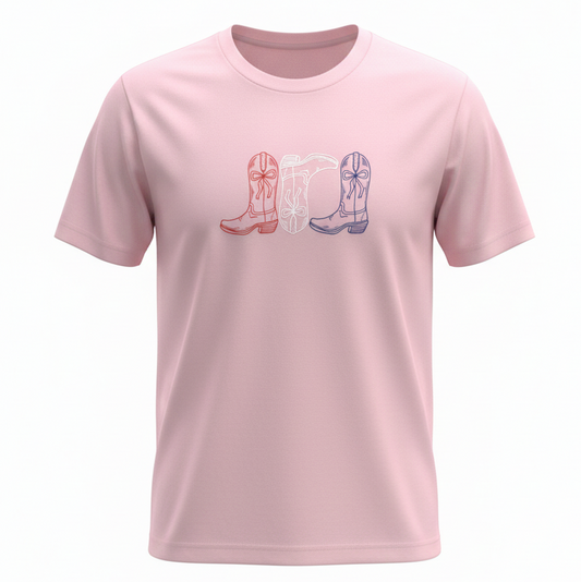 Red White and Blue Cowboy Boots Tee - Pink
