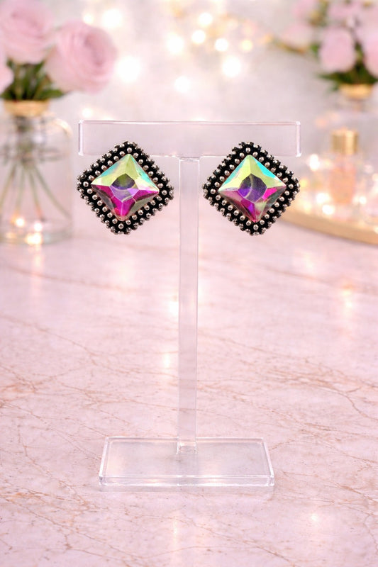 Square Silver AB Stone Earrings