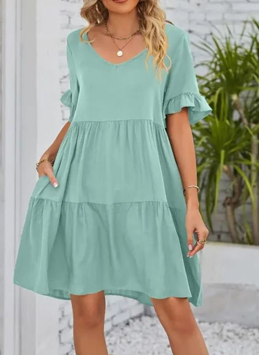 Summer Casual V-Neck Babydoll Three-Layer Pleated Dress Mint Green