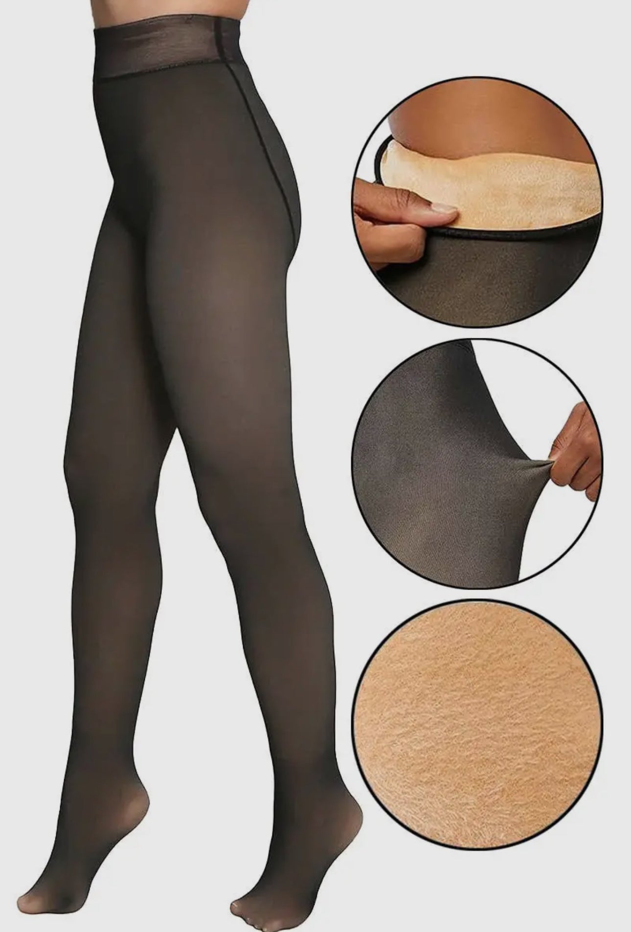 Black Fake Sheer Fleece Lined Pantyhose Tights