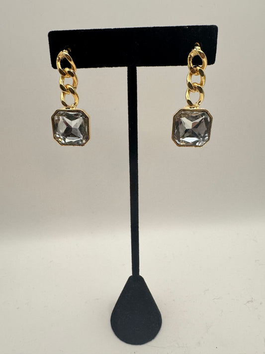 Square Clear Stone on Gold Chain Earrings