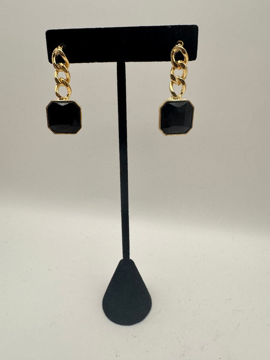 Square Black Stone on Gold Chain Earrings