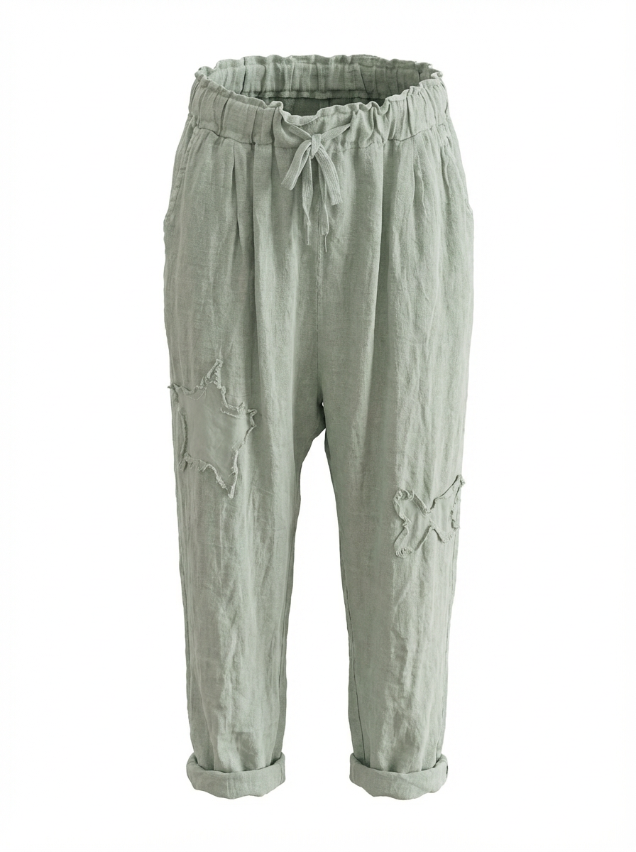 Janna Casual linen pants w/ Appliqué Olive - Plus Size
