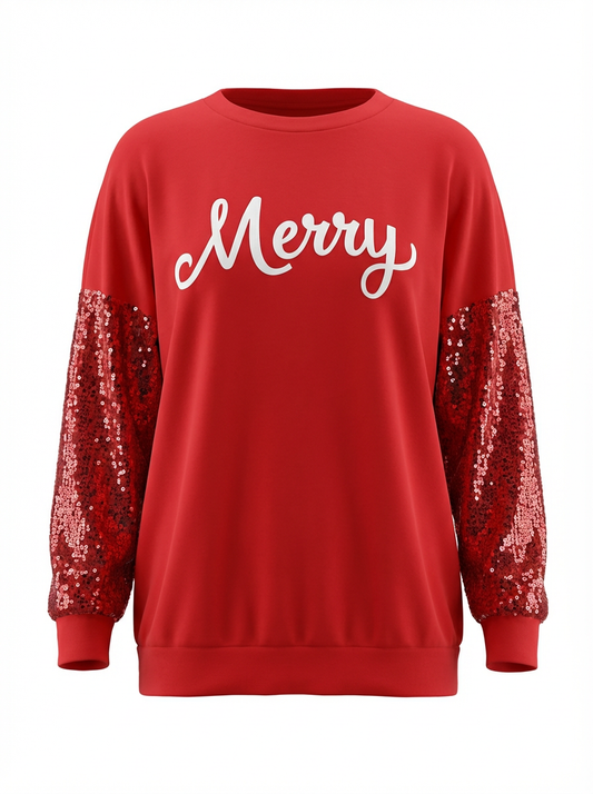 MERRY Bling Long Sleeve Tee Shirt | Red - M