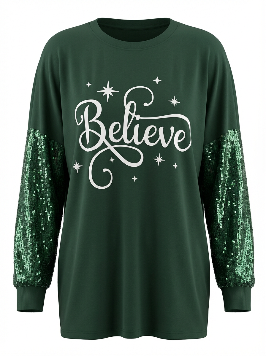 Believe Bling Long Sleeve Tee Shirt | Evergreen