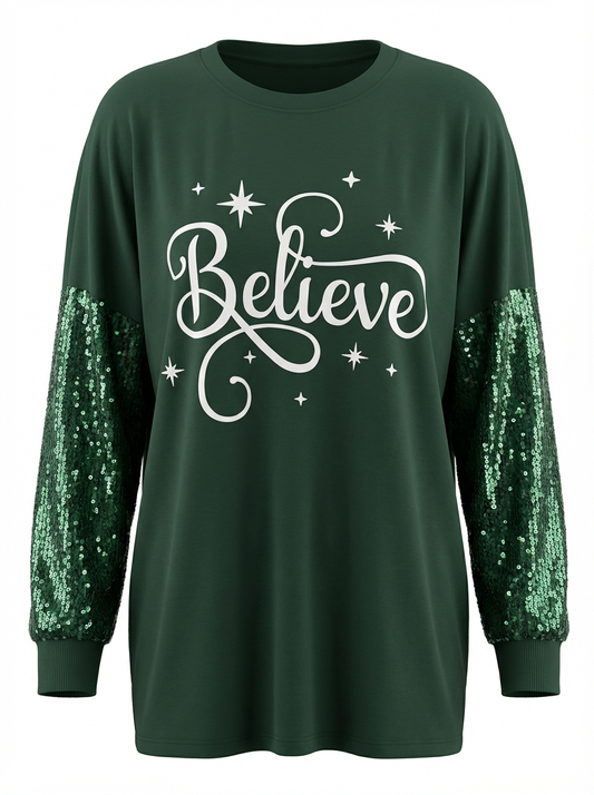 Believe Bling Long Sleeve Tee Shirt | Evergreen