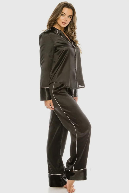 Youmita Satin PJ Set - Black with pink piping