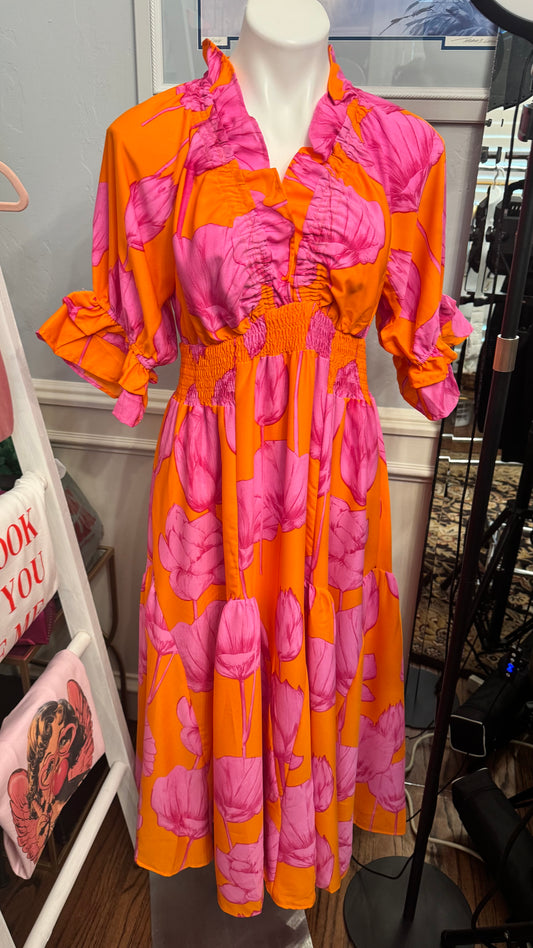 Amelia Orange/Pink Long Floral Dress