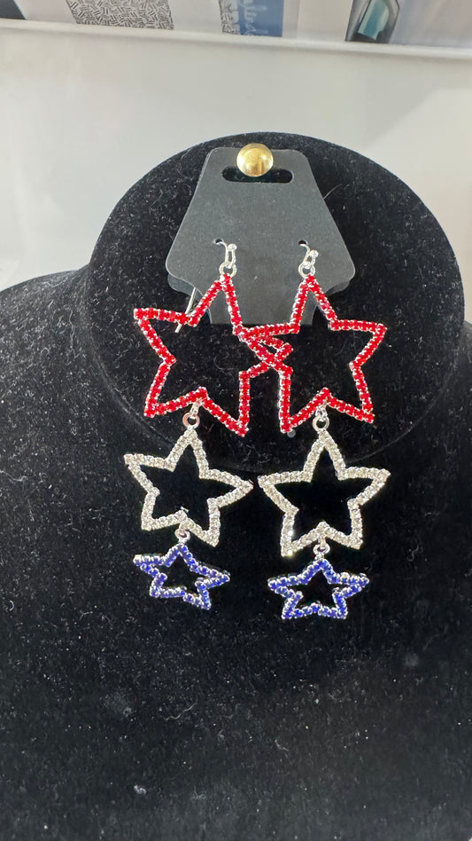 E25 Red, Crystal, and Blue Star Earrings