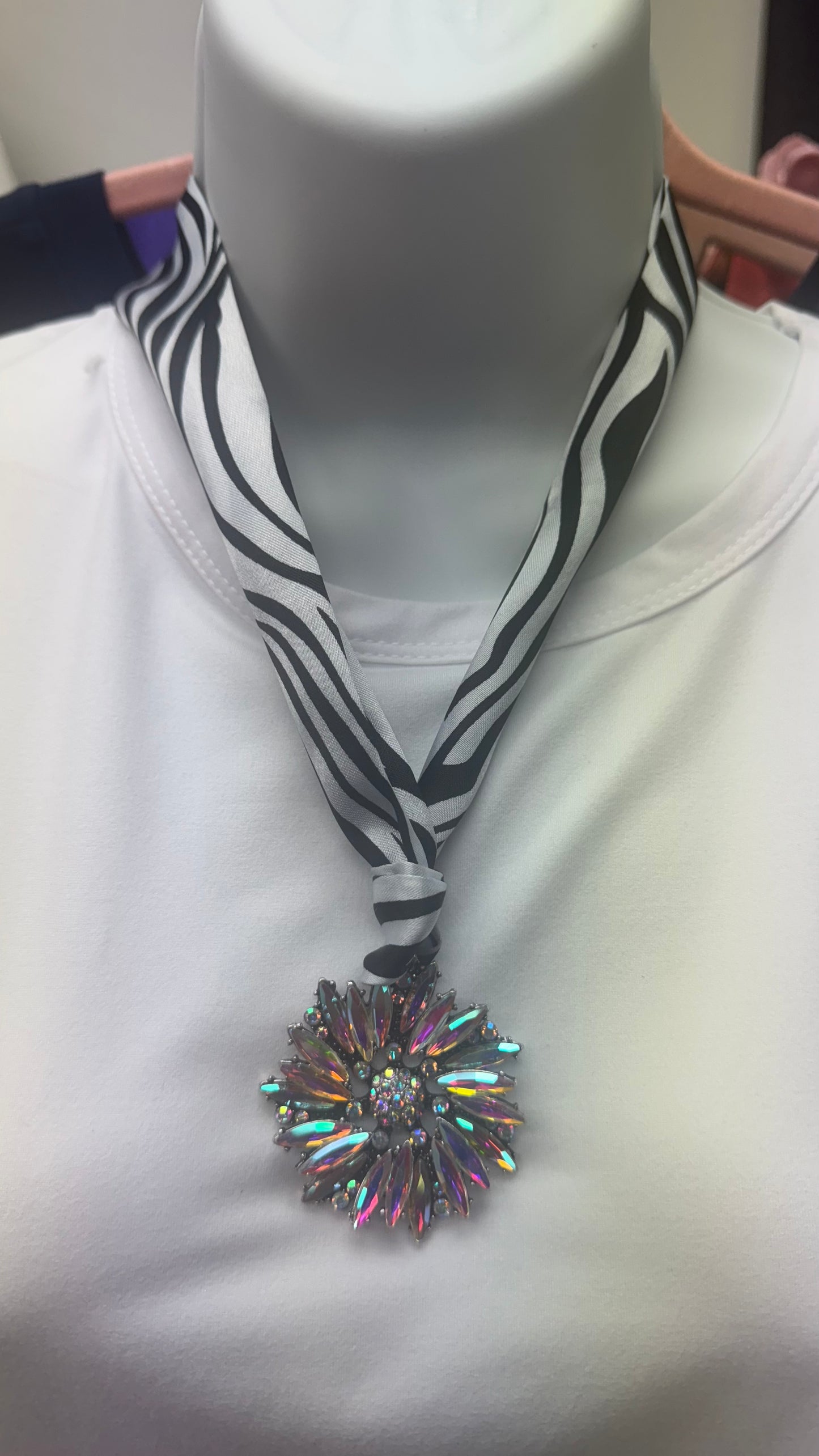 Black and White Twilly Scarf Necklace with Flower Pendant