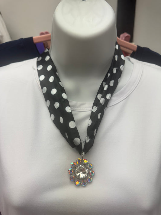 Black and White Dot Twilly Scarf Necklace with Flower Pendant
