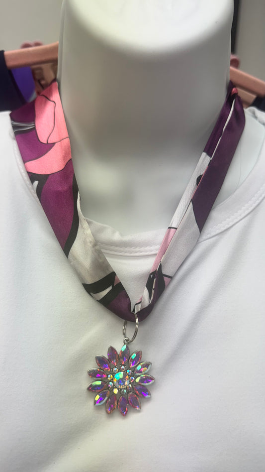 Pink and Purple Twilly Scarf Necklace with Flower Pendant