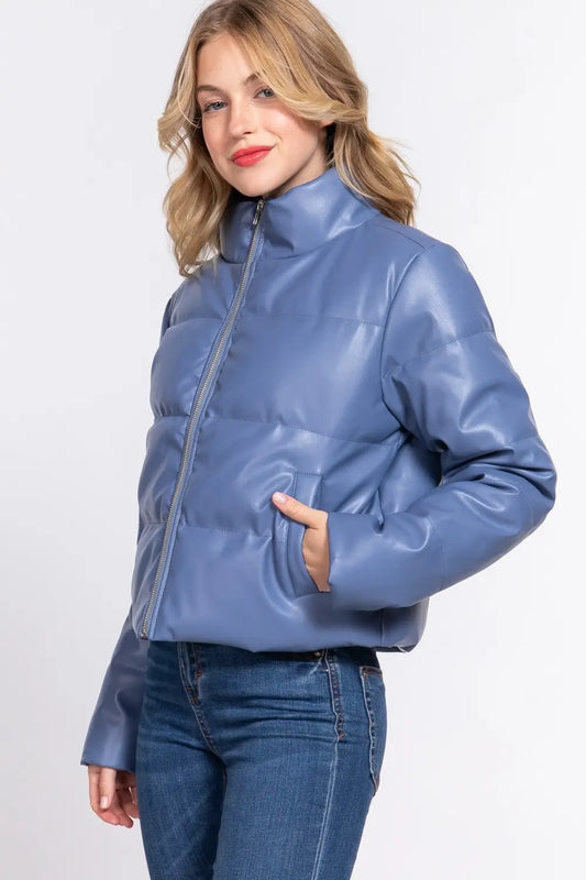 Eleanor Long Sleeve High Neck Quilted Puffer Jacket Dusty Blue