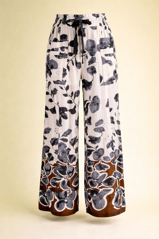 Emberly Charcoal Leaf Print Wide Leg Pants
