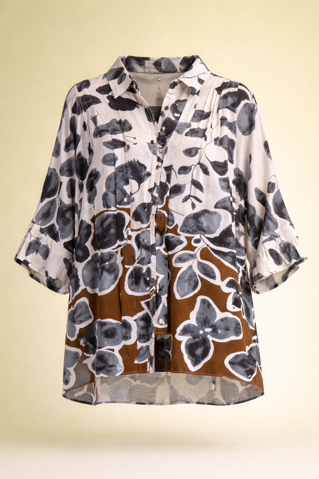 Karsyn Charcoal Leaf Print Button Down Top