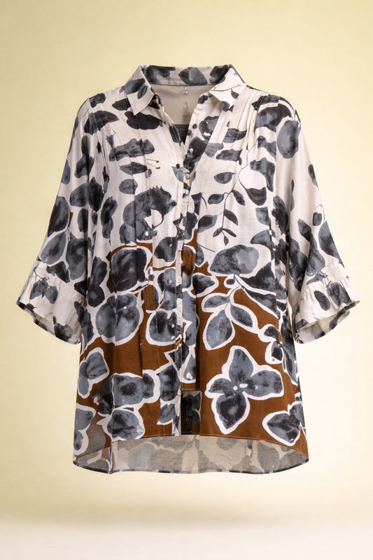 Karsyn Charcoal Leaf Print Button Down Top