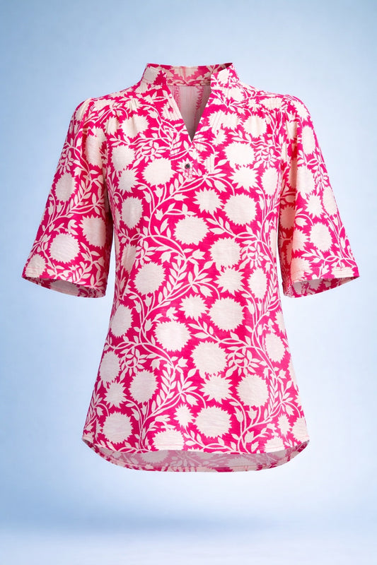 Calista Fuchsia V-Neck Button Down Top