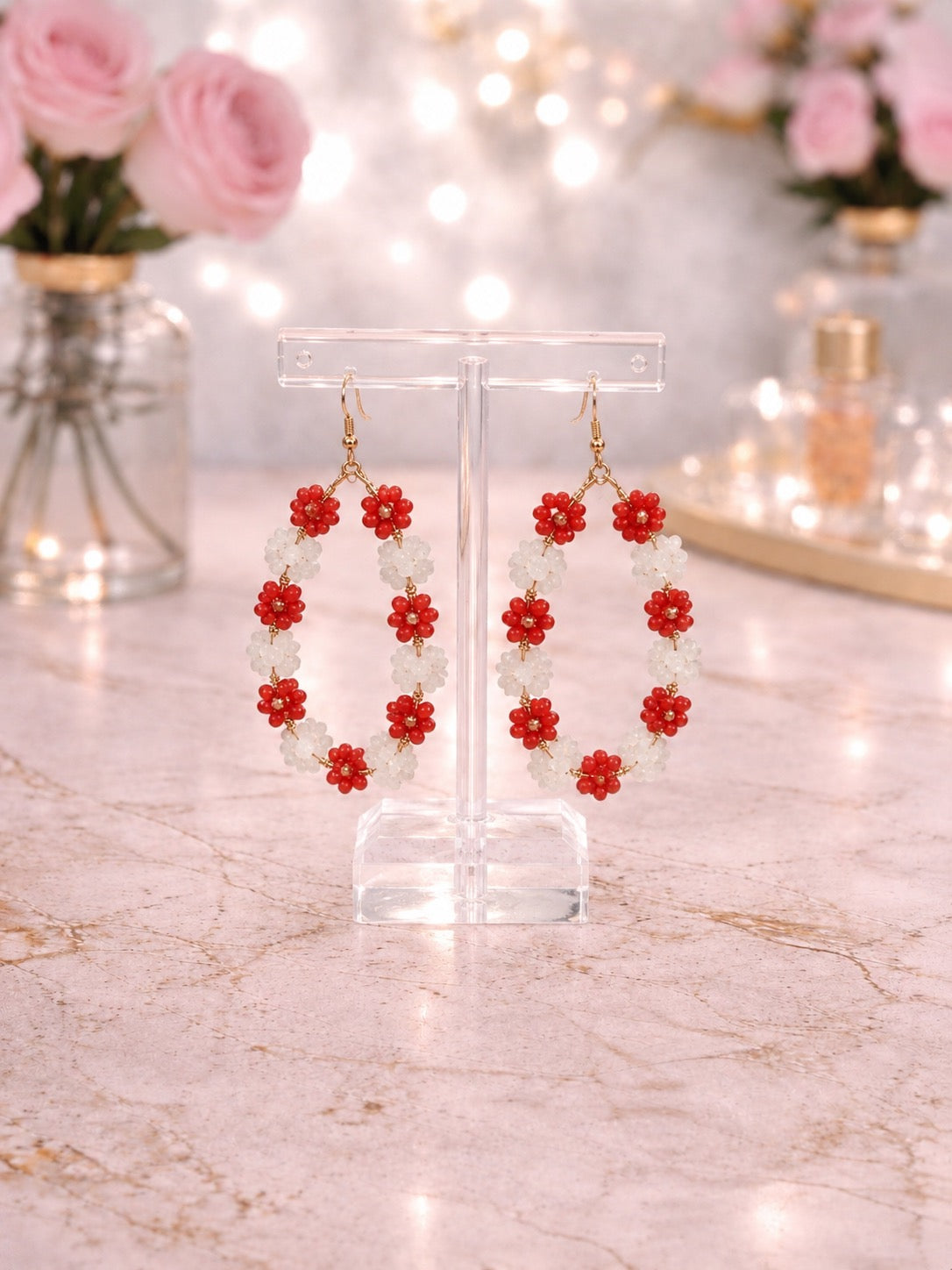 Red Floral Beaded Hoops