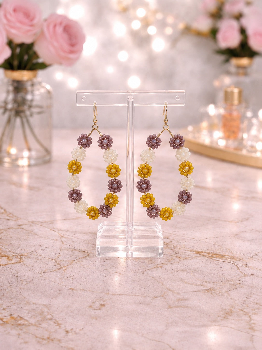 Brown & Yellow Floral Beaded Hoops
