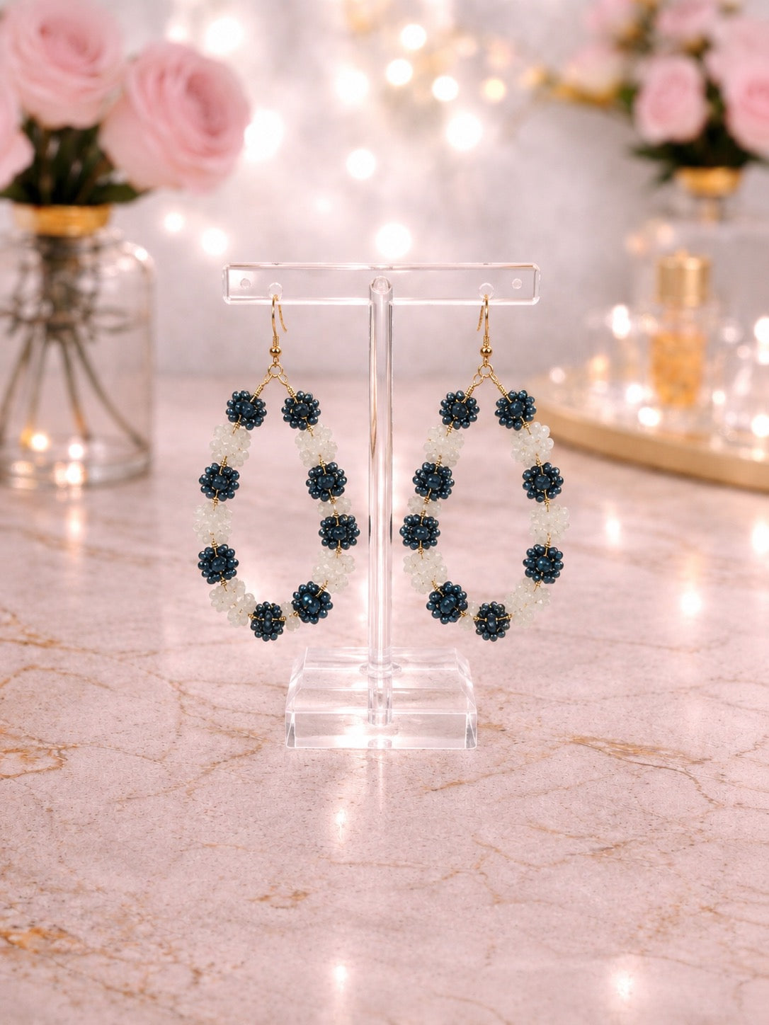 Blue Floral Beaded Hoops