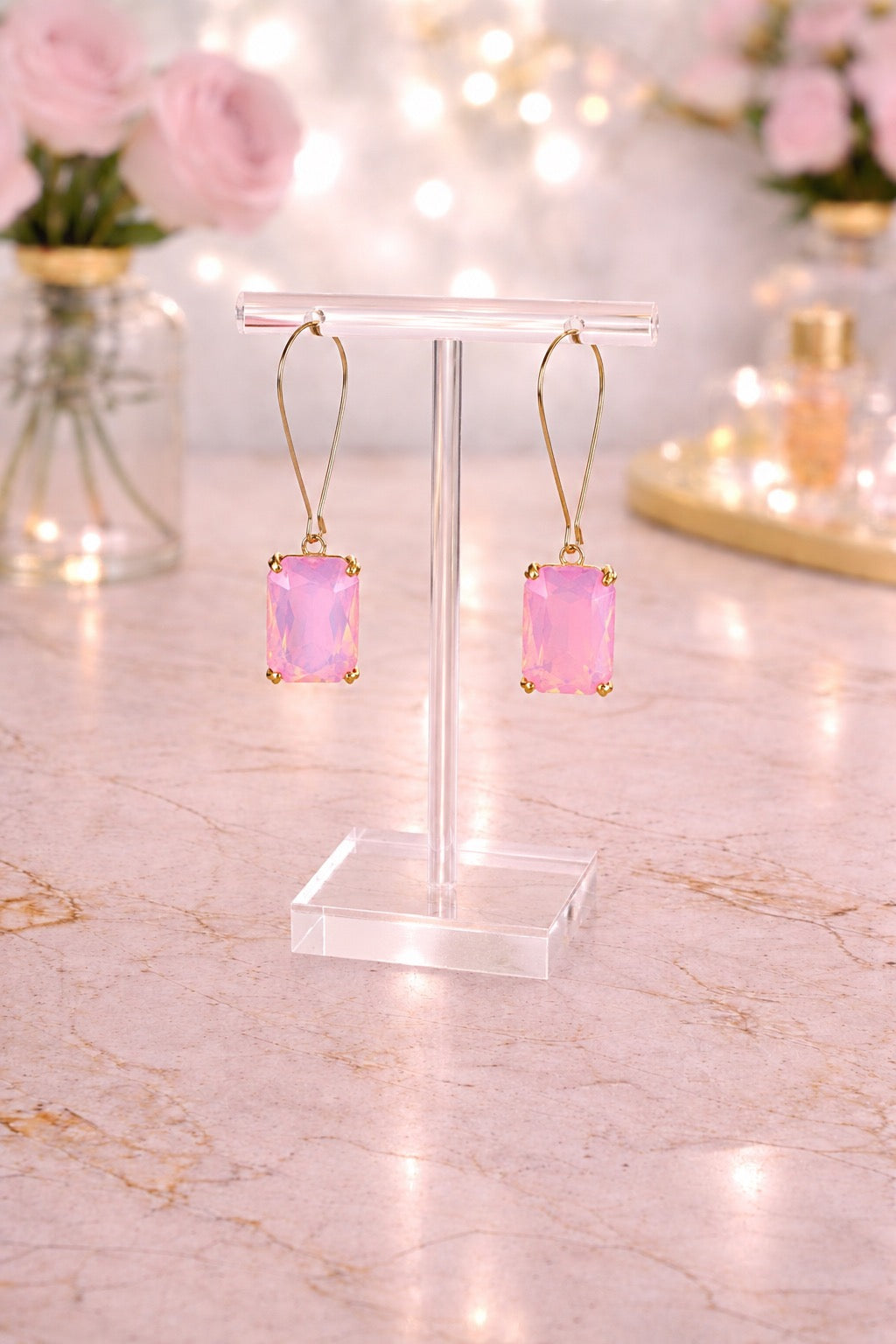 Pink Opal Crystal Drop Earrings