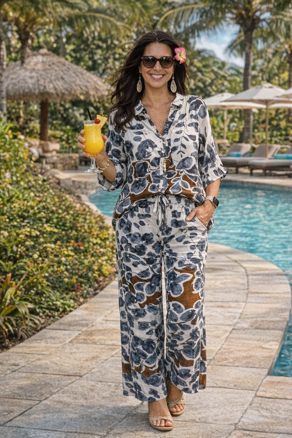 Karsyn Charcoal Leaf Print Button Down Top