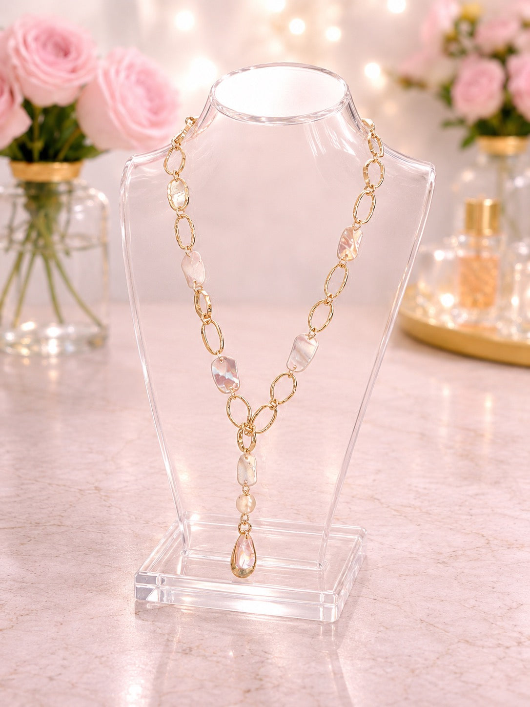 Brown-Toned Stone Look Chain Lariat Necklace