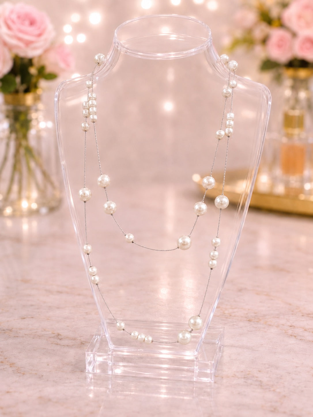 Long Pearl Station Necklace — Silver Chain