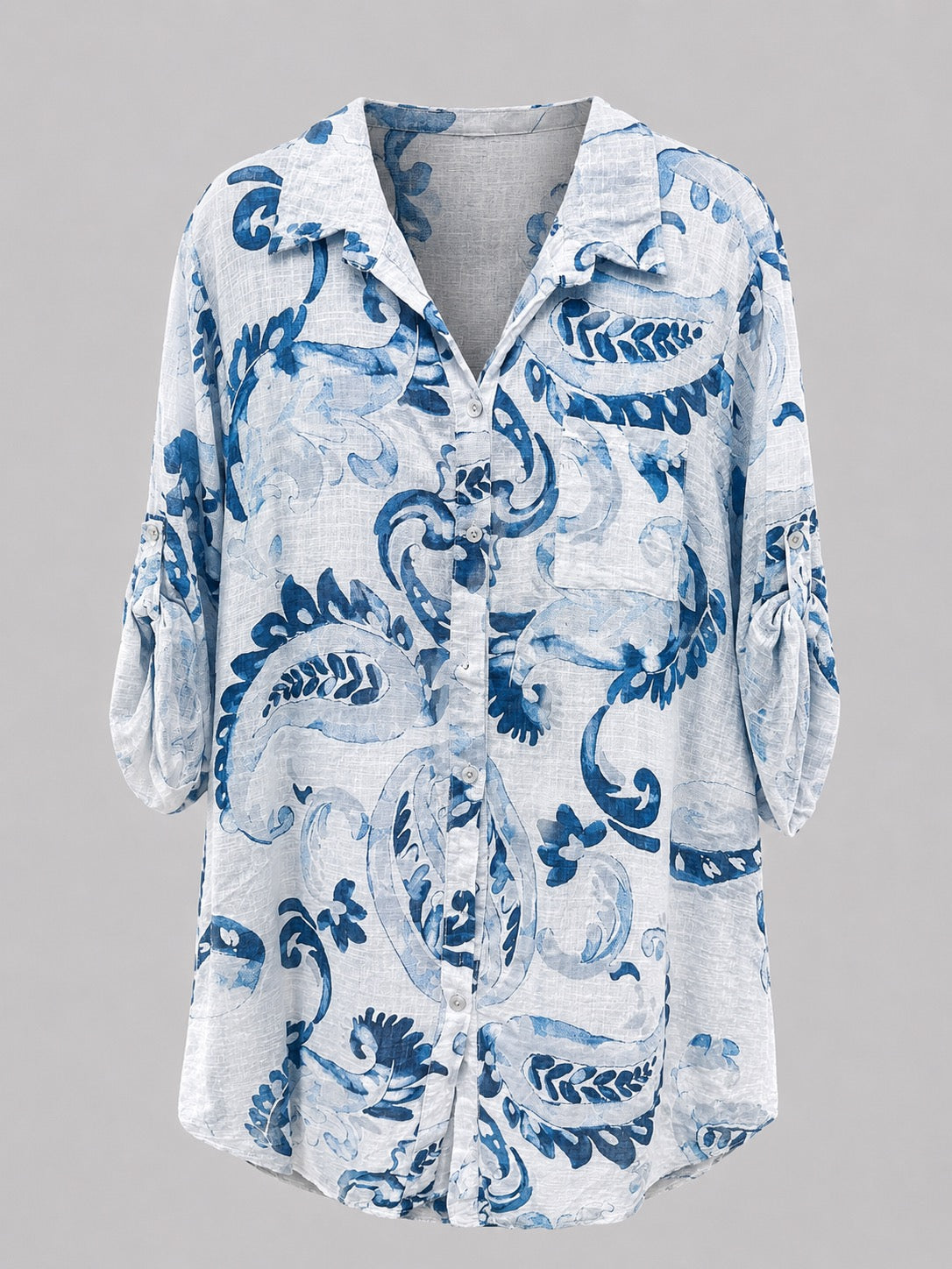 Francesca Baroque Leaf Print Cotton Button Up Top O/S