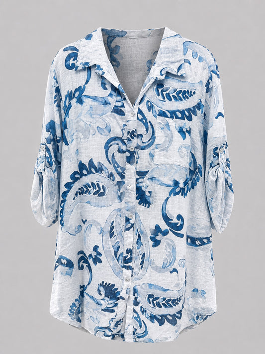 Francesca Baroque Leaf Print Cotton Button Up Top O/S