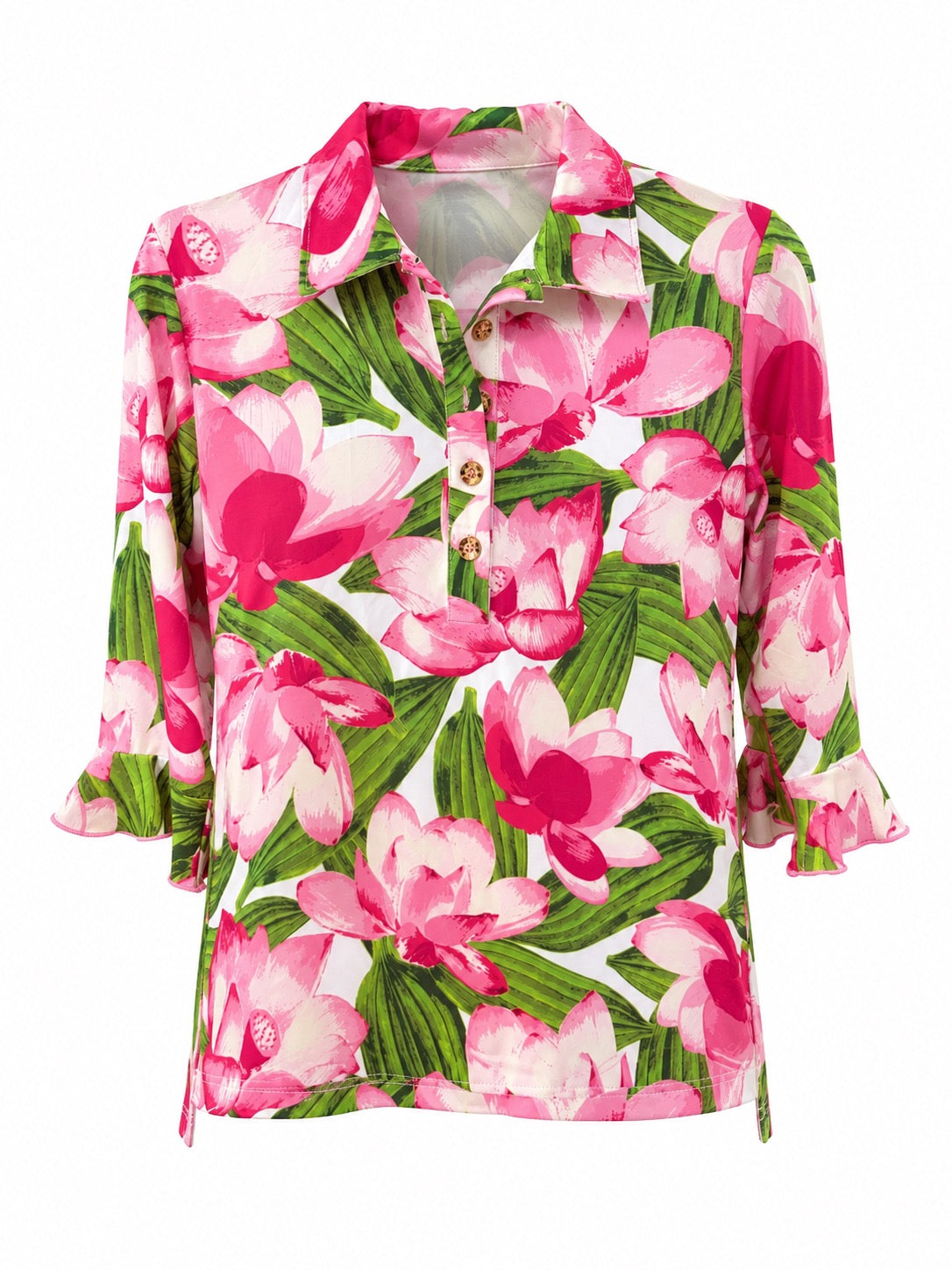 Paxton Ruffle 3/4 Sleeve Collared Top -Pink Floral