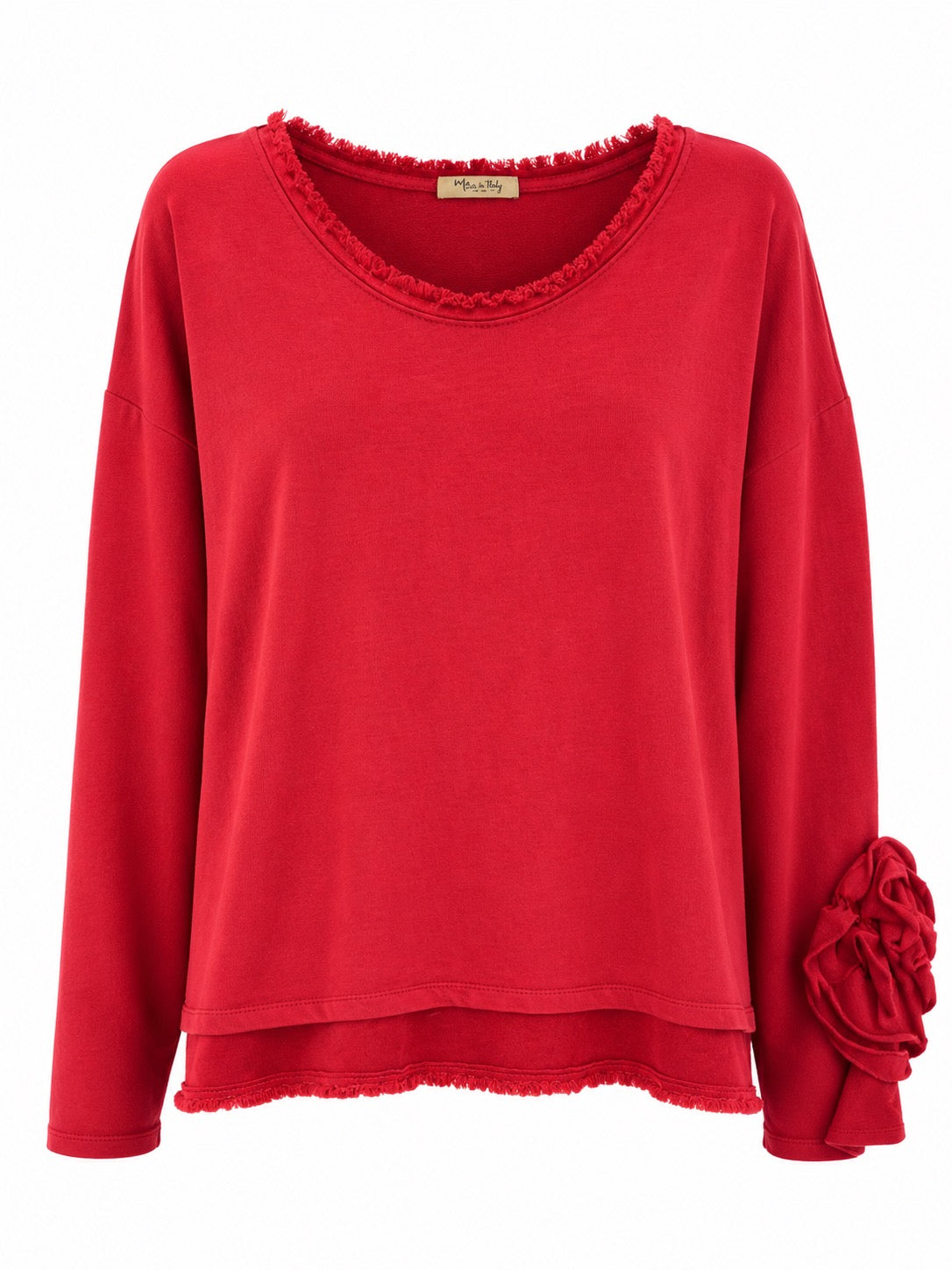 Poppy Red Rosette Frayed Trim Top