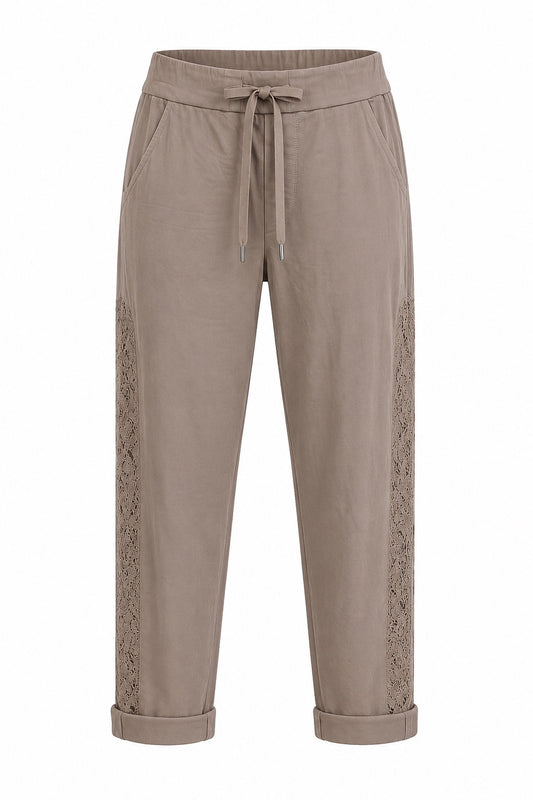Janna Taupe Lace-Trim  Stretch Pants