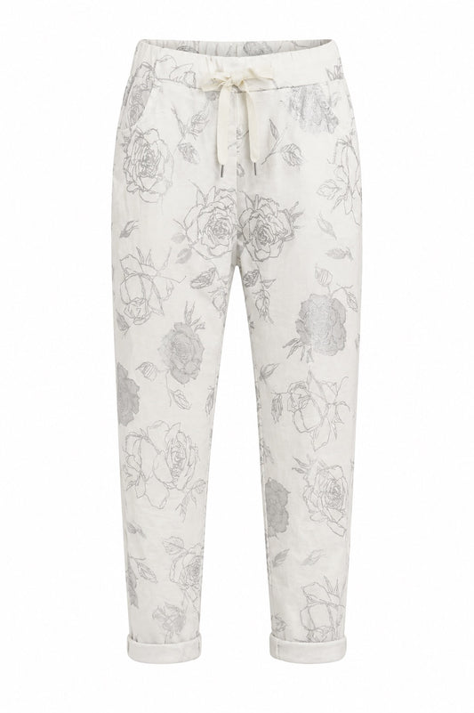 Janna White Pant w/Silver Flower  Stretch Pants
