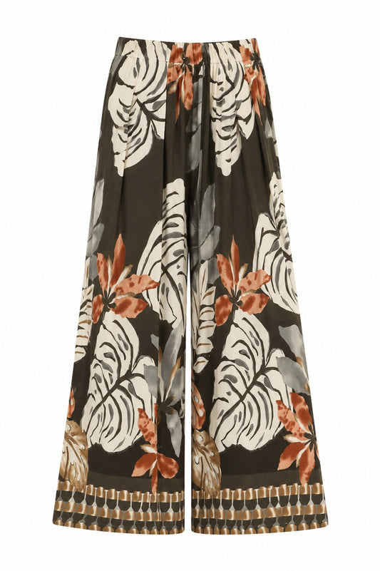 Coco Tropical Leaf Wide Leg Palazzo Espresso