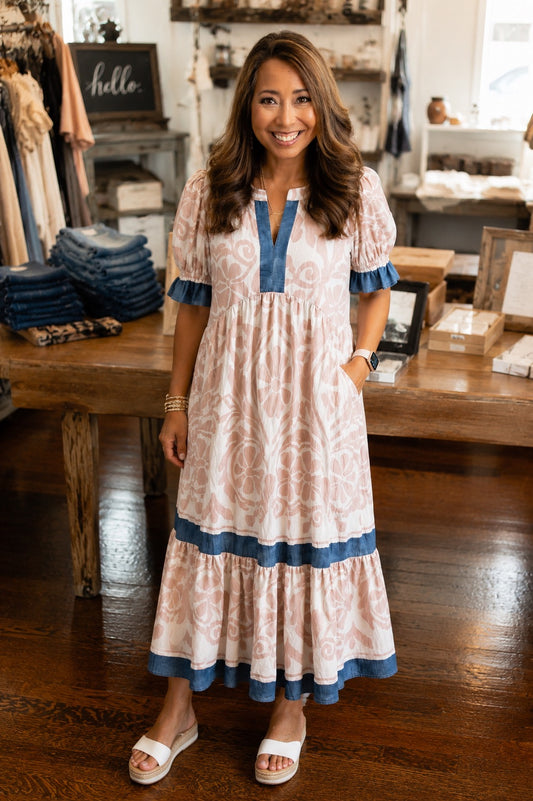 Margie Bohemian-style dress with denim accents