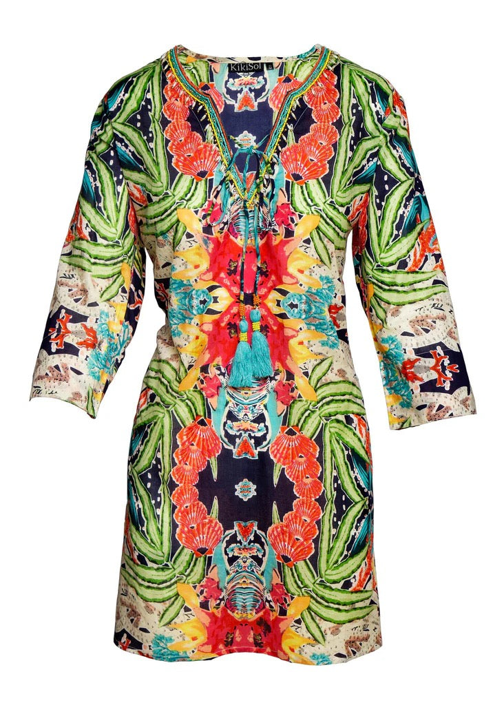 Isadora Navy Tropical Beaded Tunic