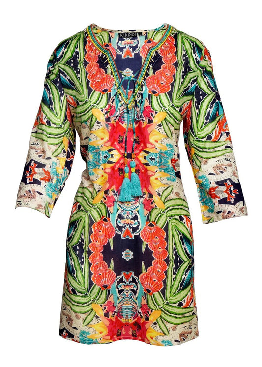 Isadora Navy Tropical Beaded Tunic