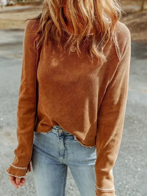 Carol Textured Round Neck Long Sleeve Top Brown